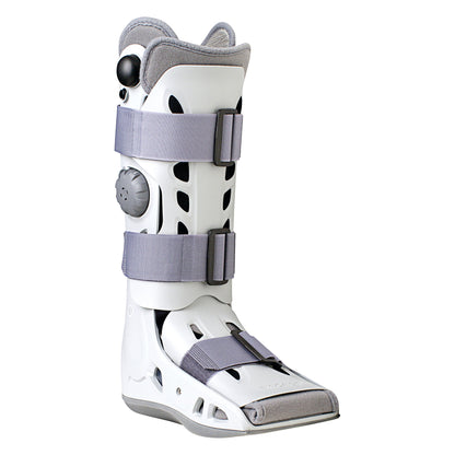 The Aircast AirSelect Elite Walker Boot is a medical device with grey straps and a white shell designed for foot and ankle support.