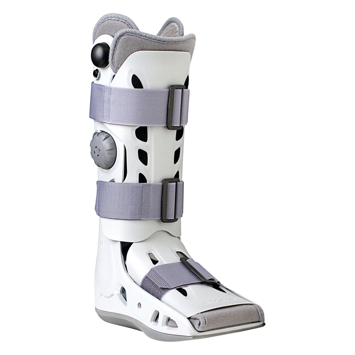 The Aircast AirSelect Elite Walker Boot is a white orthopedic boot with adjustable gray straps and a circular adjustment knob.