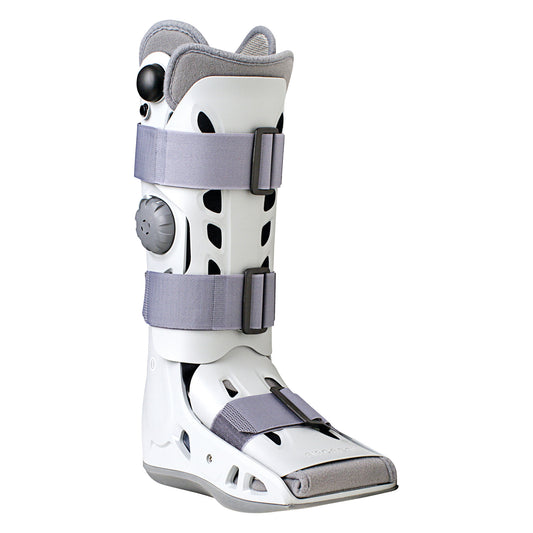 The Aircast AirSelect Elite Walker Boot is a white orthopedic boot with gray adjustable straps for foot and ankle support.