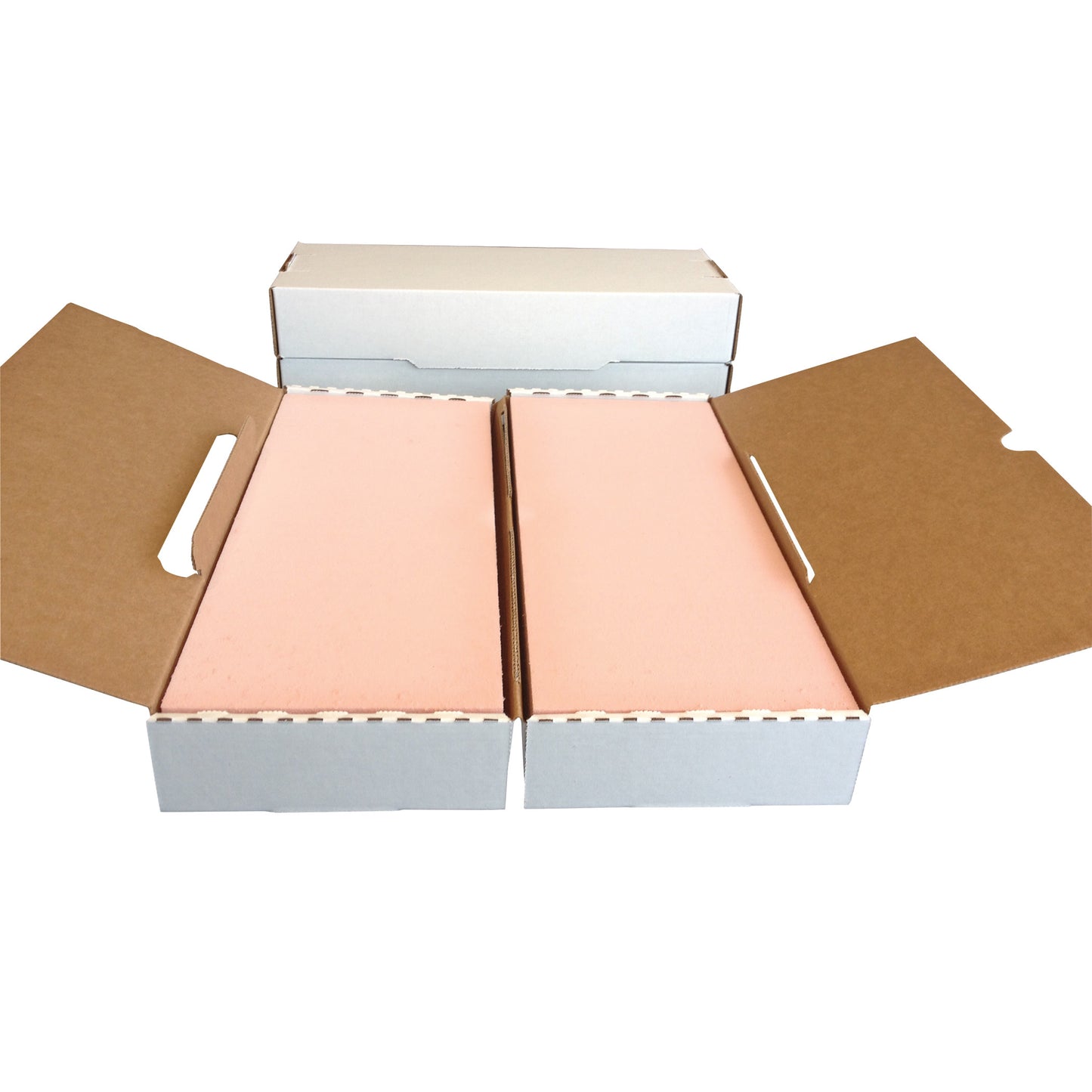The Pink Impression Foam Foldover Kit consists of cardboard boxes with pink foam inserts, featuring foldover lids for protection.
