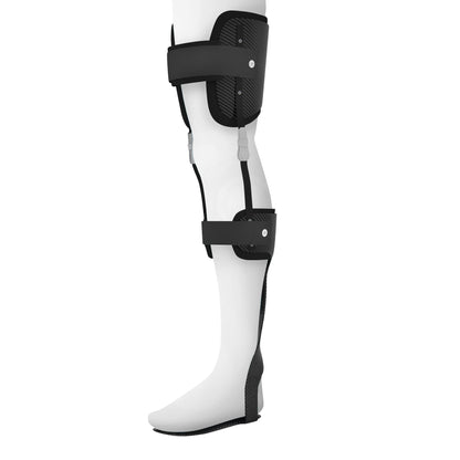 A leg wearing an AFO Component for Prefabricated Carbon Fiber KAFO, featuring adjustable straps and sleek support panels.