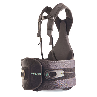 The Horizon 456 TLSO Back Brace features adjustable shoulder straps, support panel, and fastening mechanisms for spinal support.