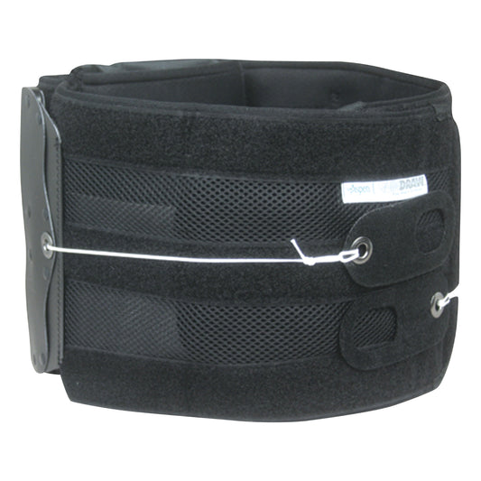 The QuickDraw PRO Back Brace is a black support belt with mesh panels and an adjustable wire tensioning system for back support.