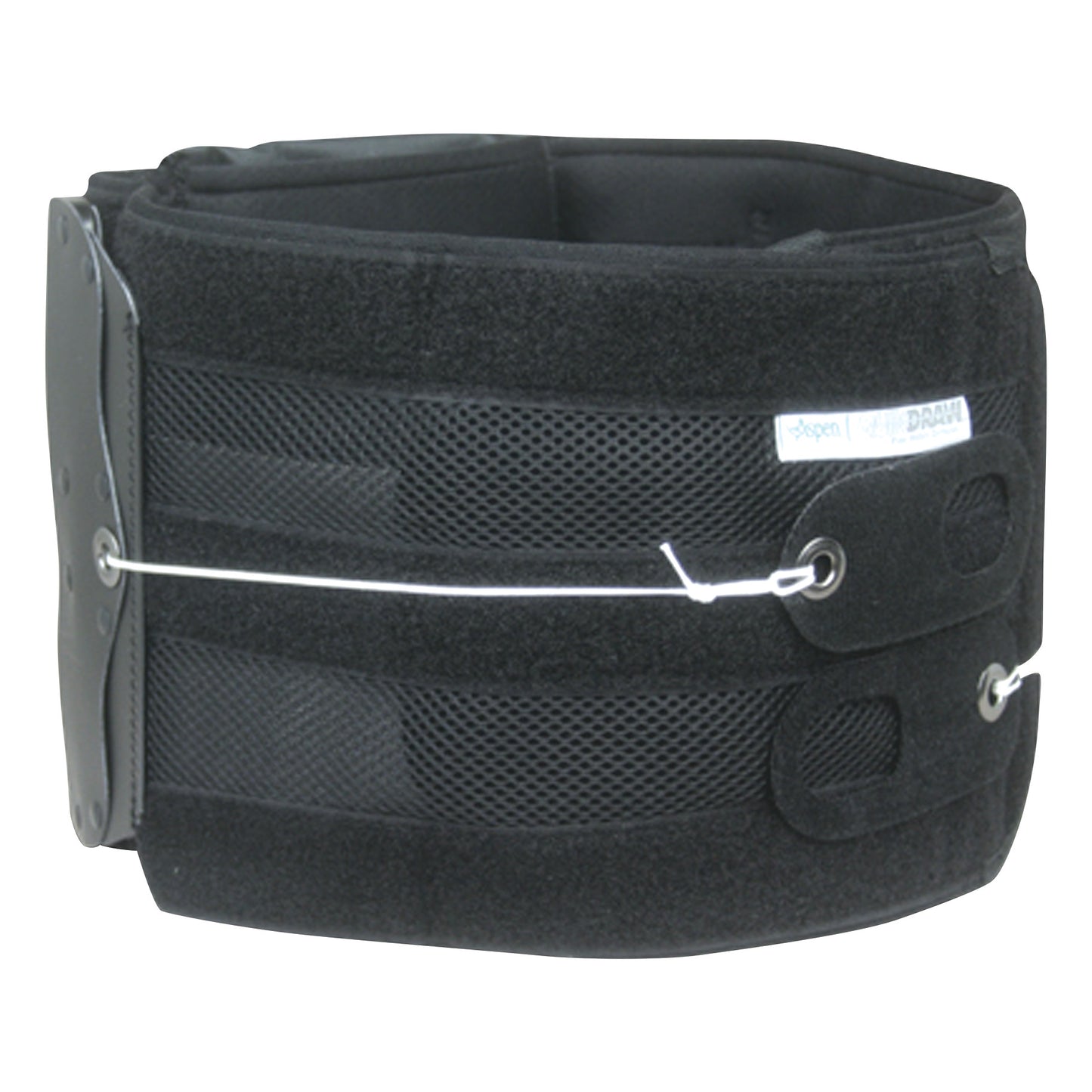 The QuickDraw PRO Back Brace is a black support device with adjustable mesh panels and a fastening system for lumbar support.