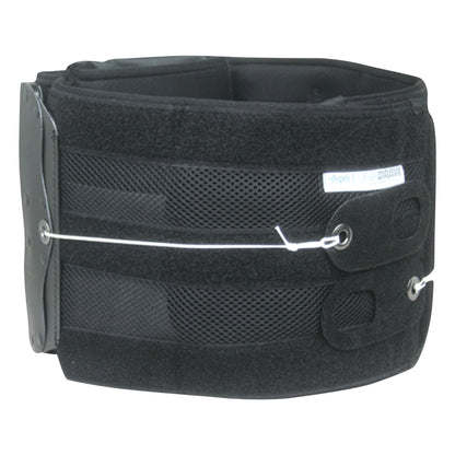 The QuickDraw PRO Back Brace is a black support device with adjustable mesh panels and a fastening system for lumbar support.