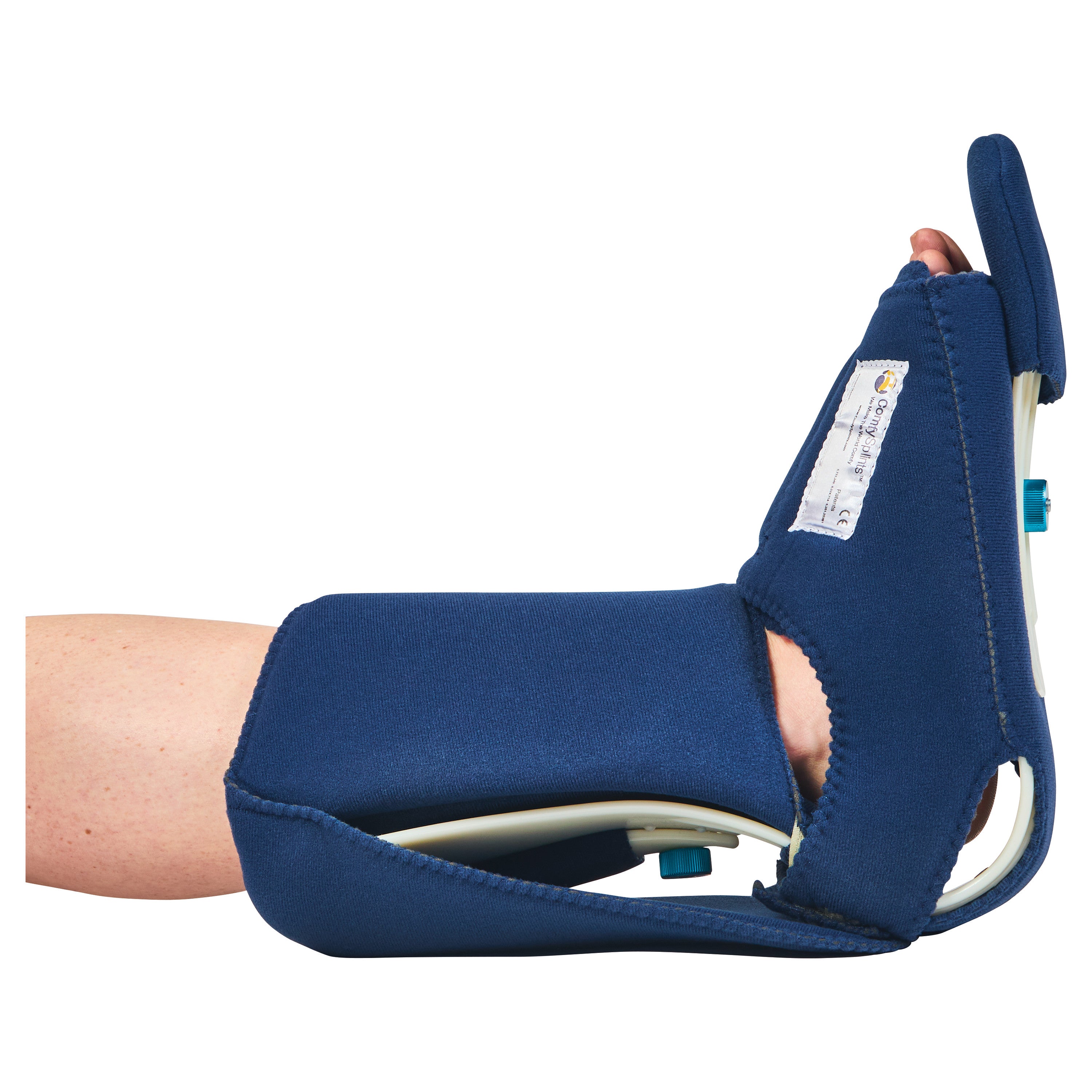 A leg with a Comfy Splints Adult Standard Contracture Boot, featuring a blue foam padding, supports a foot in a neutral position.