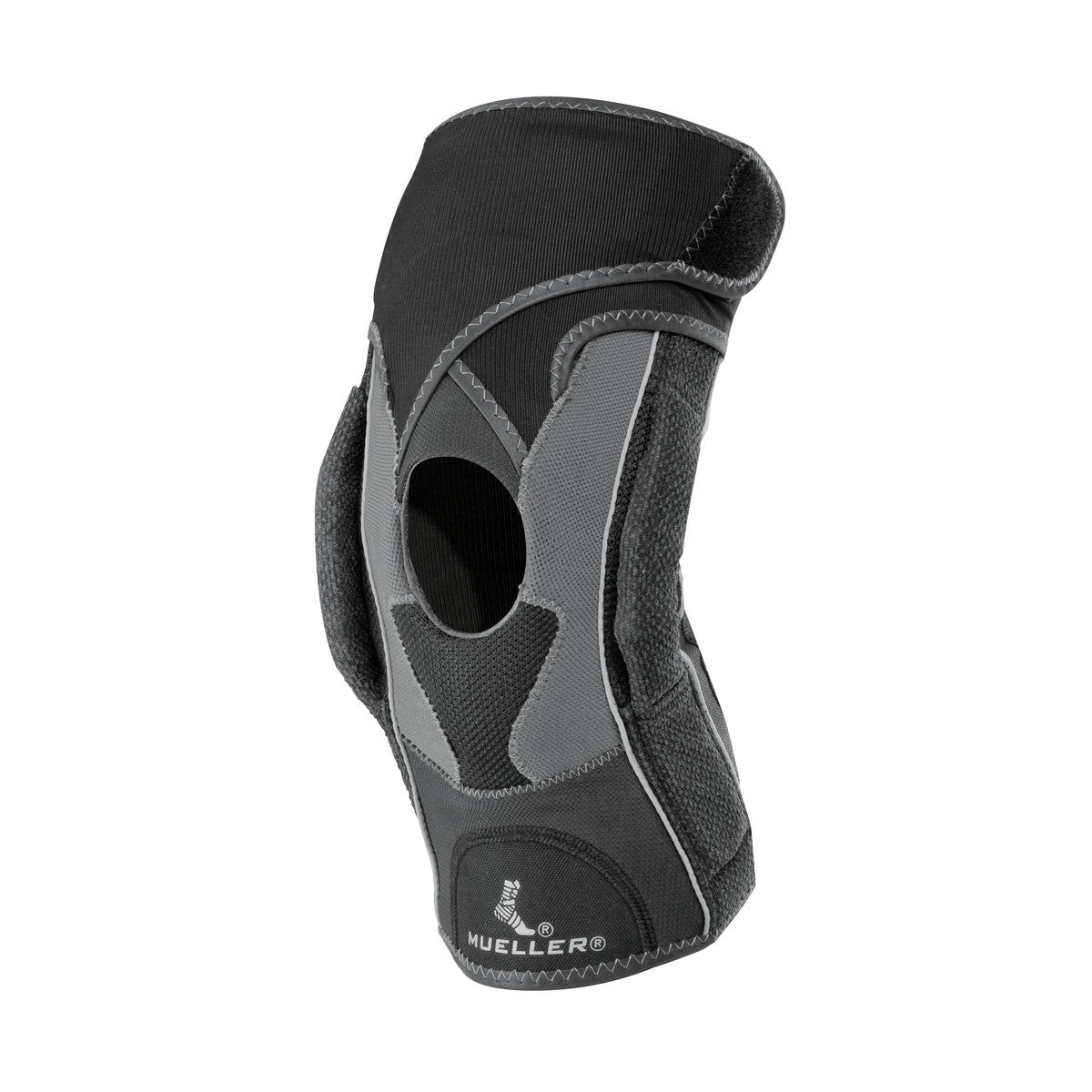 The Mueller Hg80 Premium Hinged Knee Brace is black and gray with a central opening, designed for knee support and protection.