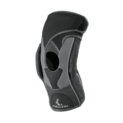The Mueller Hg80 Premium Hinged Knee Brace is black and gray with a central opening, designed for knee support and protection.