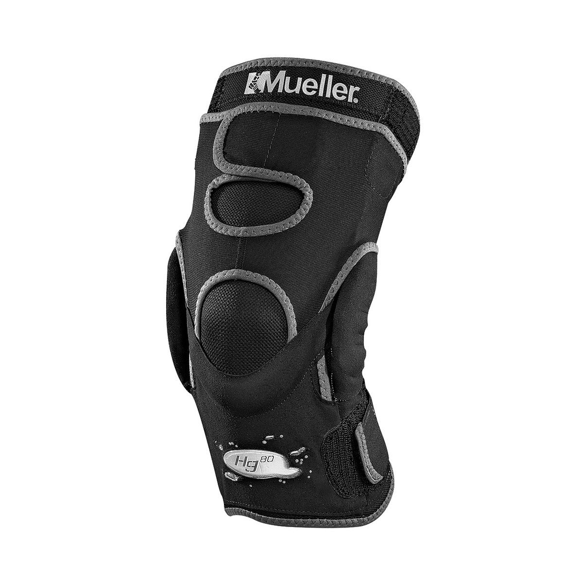 Mueller Hg80 Knee Brace with black and gray design, adjustable straps, and textured padding for knee support.