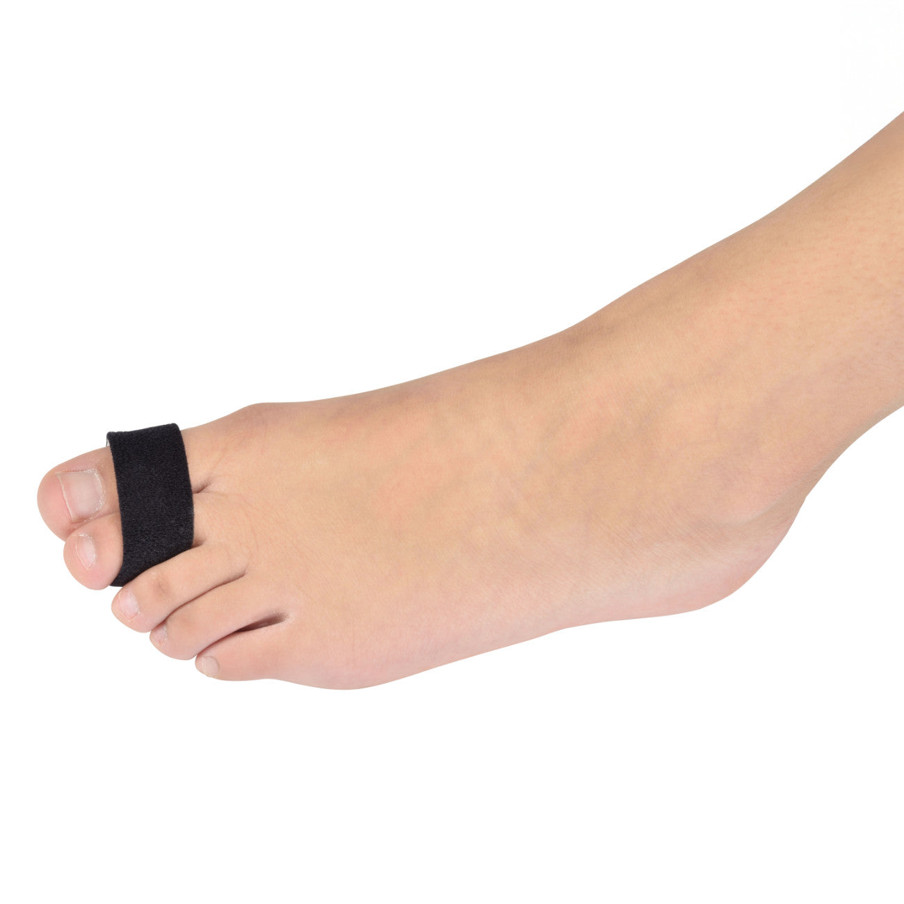 A foot wearing a Silipos Gel Splint on the big toe against a white background. The splint is black and supports the toe.