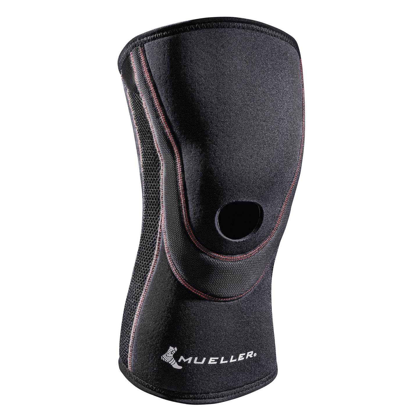 The Mueller Breathable Open Patella Knee Sleeve is a black  knee support with a cutout for the kneecap with  subtle red stitching.