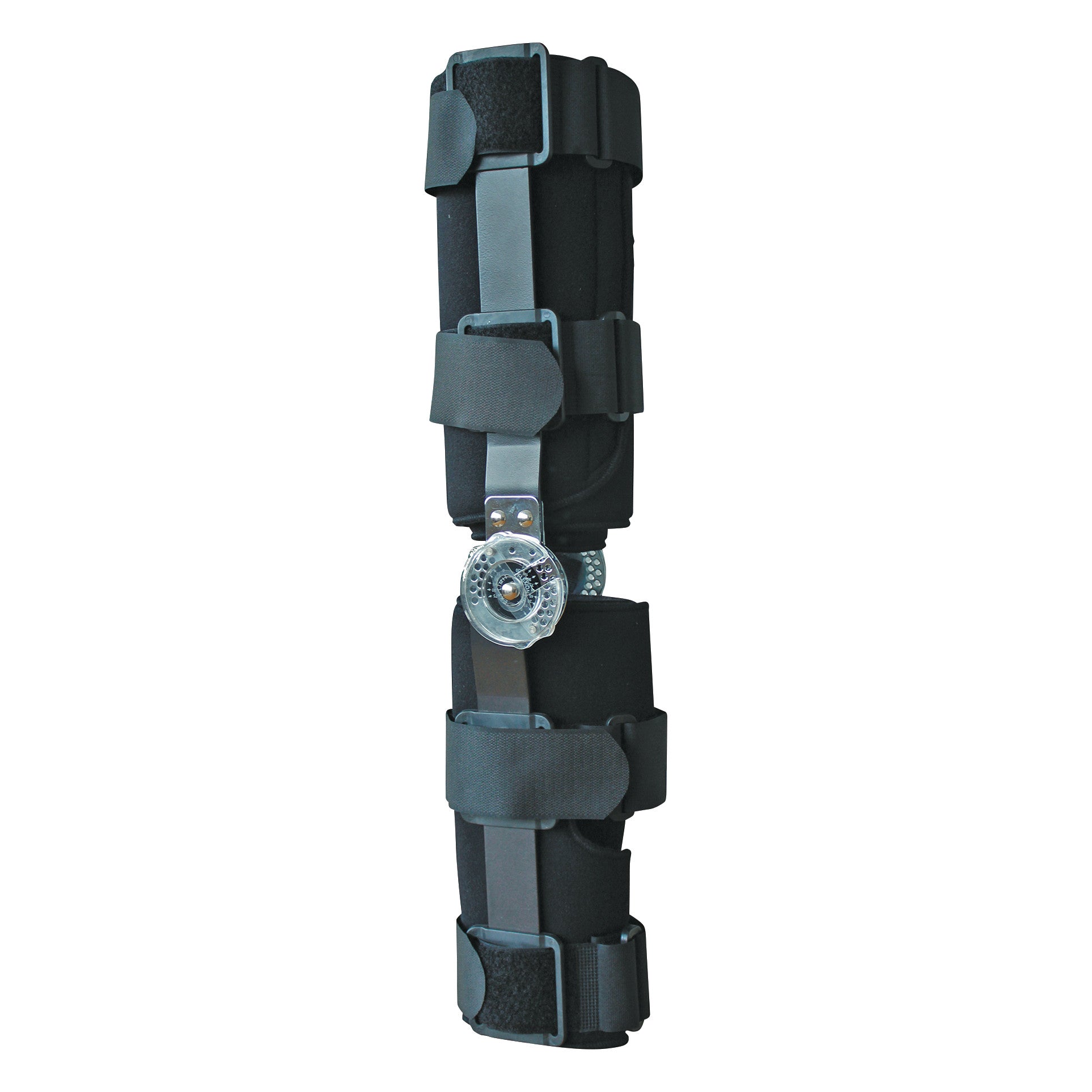 The AliMed Universal ROM Post-Op Knee Brace features adjustable straps and a hinge for post-surgical knee support and immobilization.