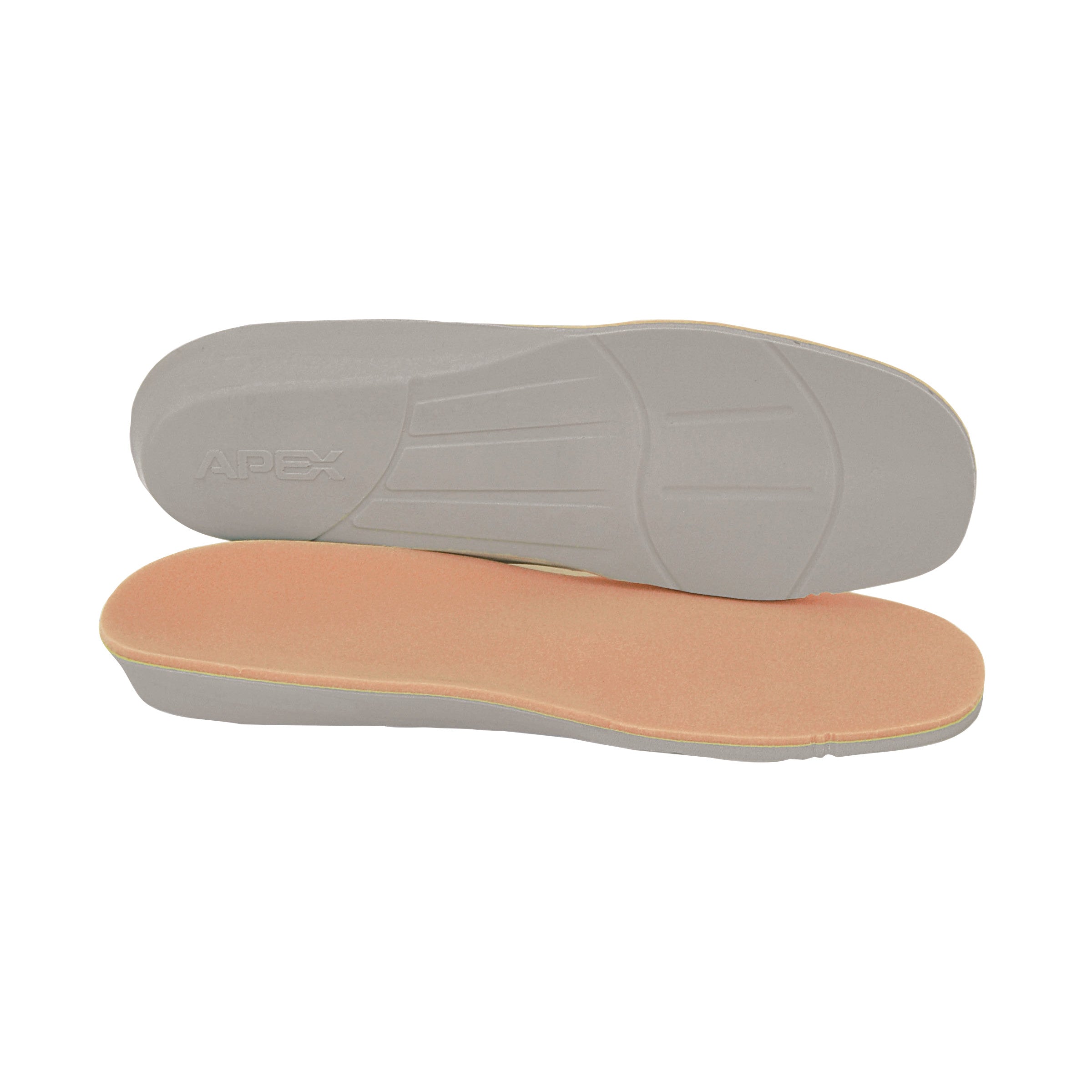 A pair of Apex Anti-Shox Conform Orthotic insoles, featuring a soft orange top layer and a textured gray base, displayed side by side.