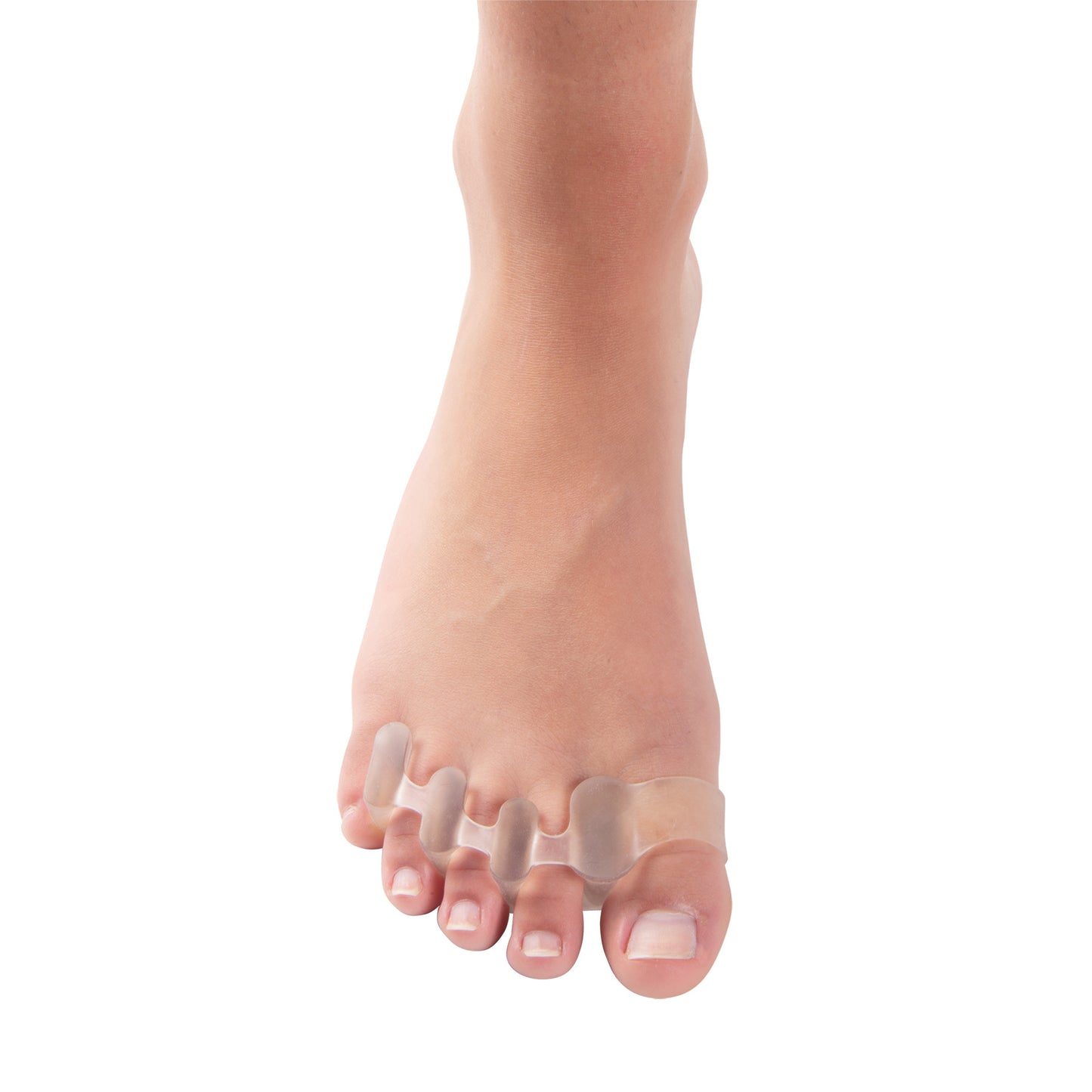 A foot wearing the PediFix Visco-GEL 5-ToeBuddy, a clear gel toe separator designed to align and cushion all five toes.