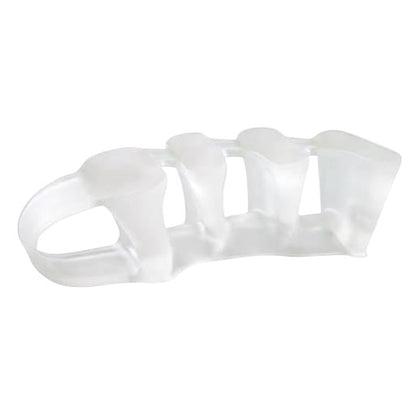 Transparent PediFix Visco-GEL 5-ToeBuddy, a toe separator designed to align and cushion toes, sits on a white background.