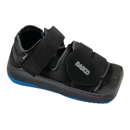 The DARCO MedSurg DUO shoe features adjustable straps, a black and blue sole, and is designed for post-surgical foot care.