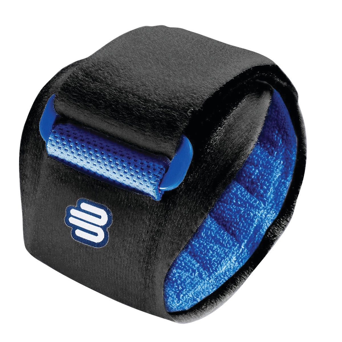 The Bauerfeind EpiPoint Elbow Strap is black with a blue inner lining and features an adjustable closure for elbow support.