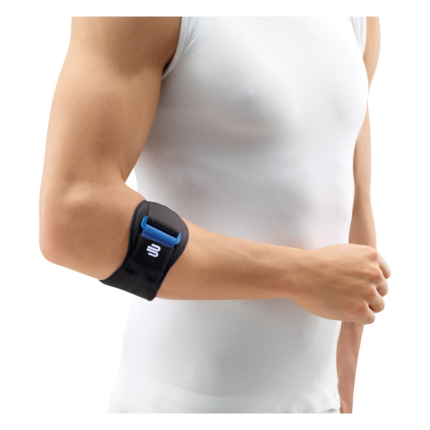 A person wears the Bauerfeind EpiPoint Elbow Strap on their arm over a white shirt, designed for elbow support and pain relief.