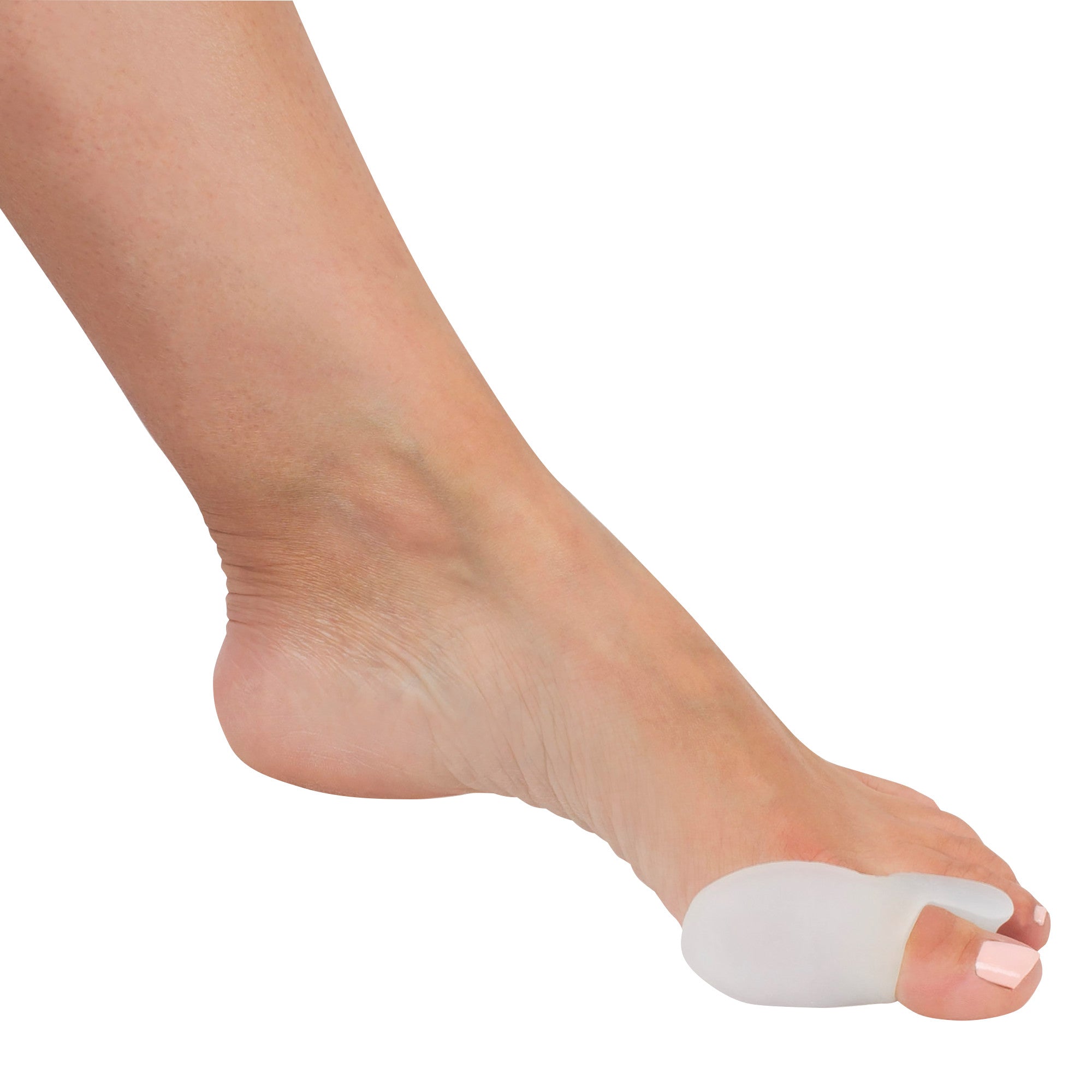 A foot wearing a Silipos Hallux Bunion Guard with Spacer on the big toe, providing cushioning and alignment.