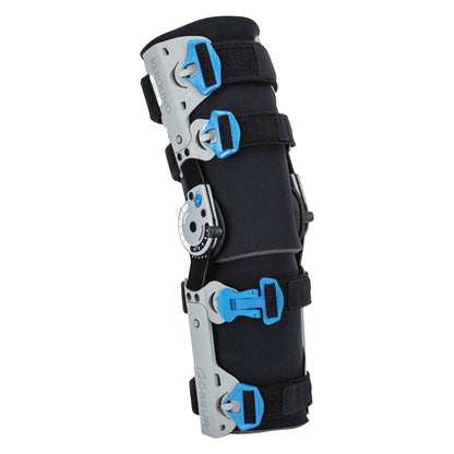 �ssur Rebound Post-Op Knee Brace with Full Liner featuring adjustable blue straps, hinges, and a dark padded liner for knee support.