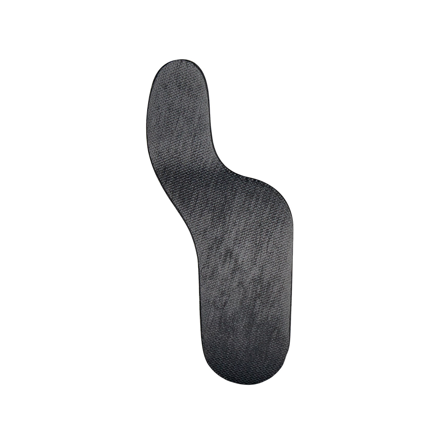 A black Carboplast Thermoplastic Long Contoured Morton's Toe Plate, designed with a curved shape, is shown against a white background.