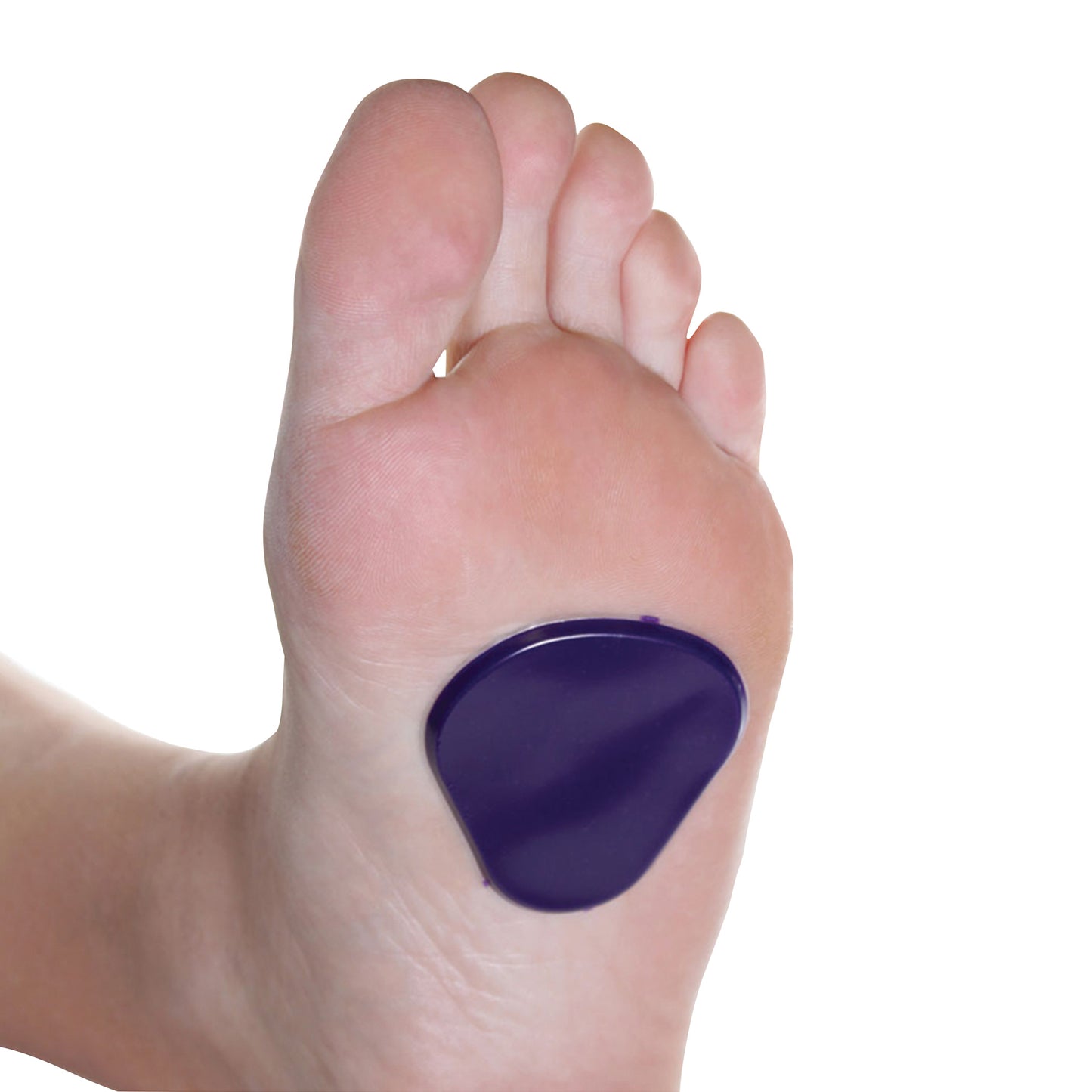 A bare foot with a purple Gel Ball-of-Foot Met Pad attached to the sole near the arch.