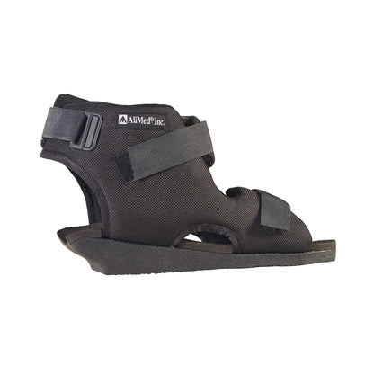 The AliMed Open Heel Orthosis is a black medical shoe with adjustable straps designed for foot support and stabilization.