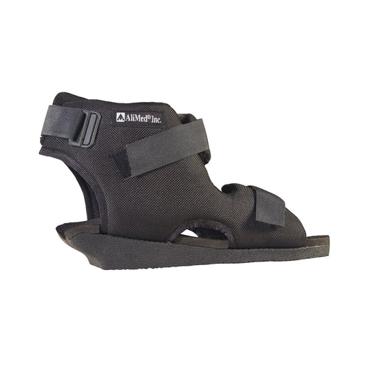 The AliMed Open Heel Orthosis is a black medical shoe with adjustable straps designed for foot support and stabilization.