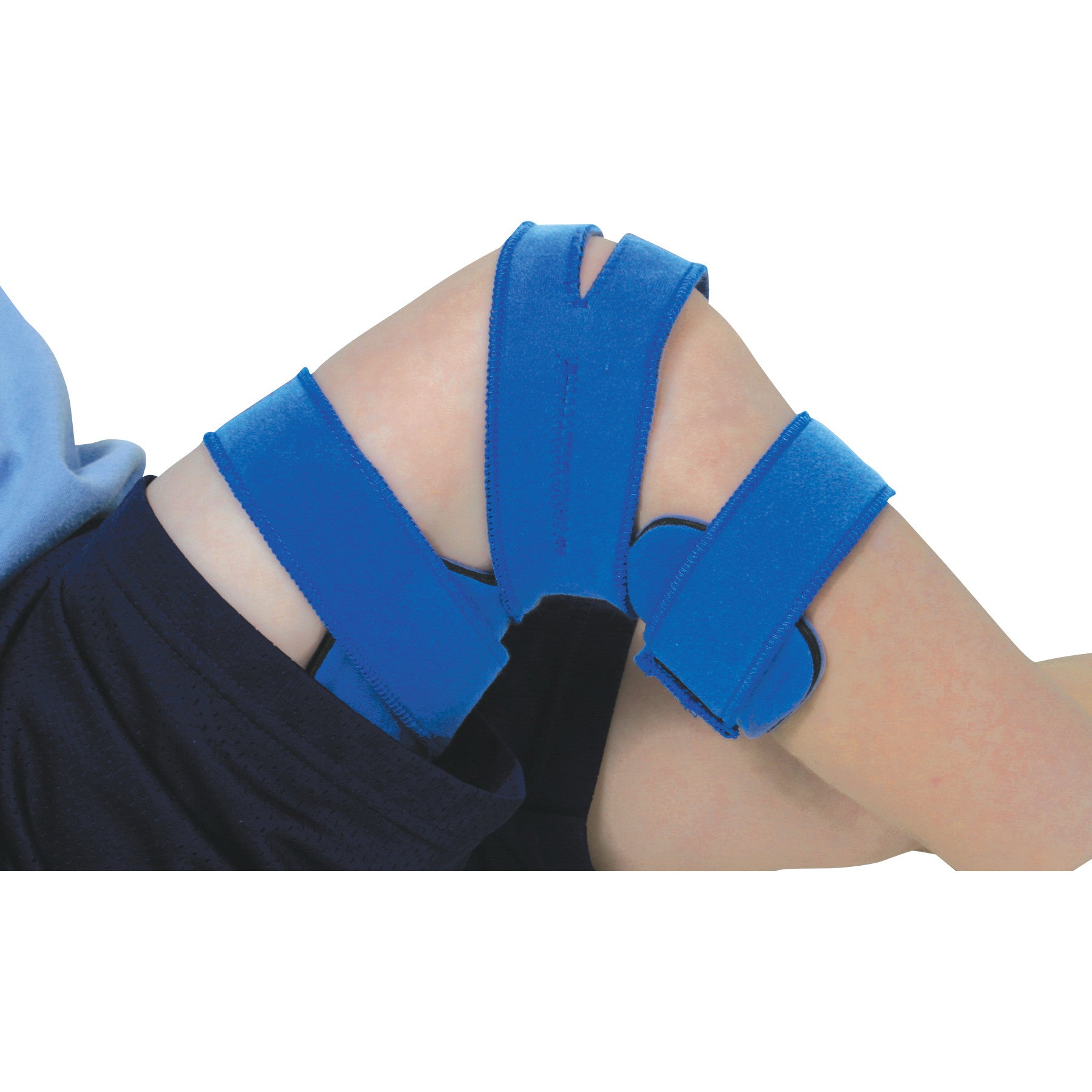 A child's knee is supported by the Comfy Splints Pediatric Goniometer Knee Orthosis with blue adjustable straps.