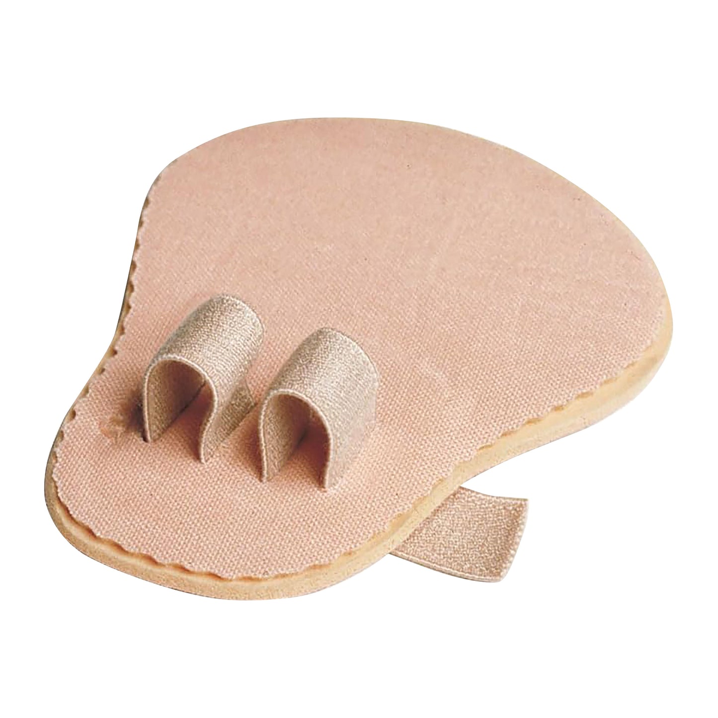 PediFix Toe Straightener, a foot pad with two loops for aligning toes, features a soft, skin-toned fabric and elastic loops.