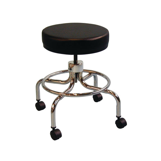 A black, round, height-adjustable AliMed Utility Stool on a chrome frame with five caster wheels and a foot ring.