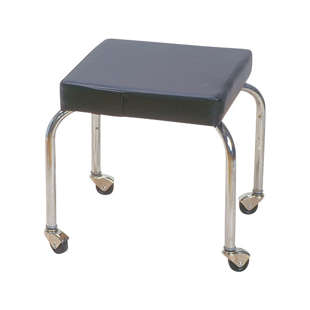 A Clinton Medical and PT Treatment Stool with a black cushioned seat and chrome legs on wheels.