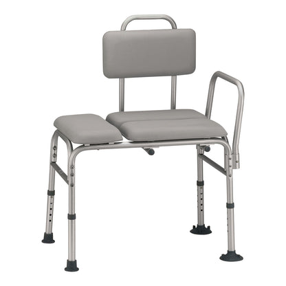 The Drive Medical Padded Transfer Bench has an adjustable metal frame with a cushioned backrest, armrest, and seat for bathtub access.