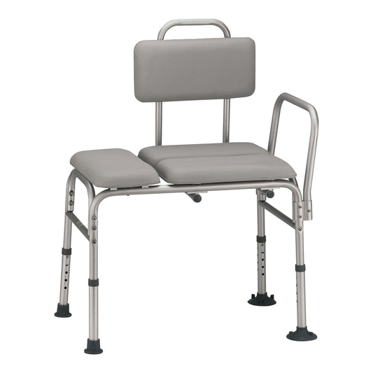 The Drive Medical Padded Transfer Bench has an adjustable metal frame with a cushioned backrest, armrest, and seat for bathtub access.