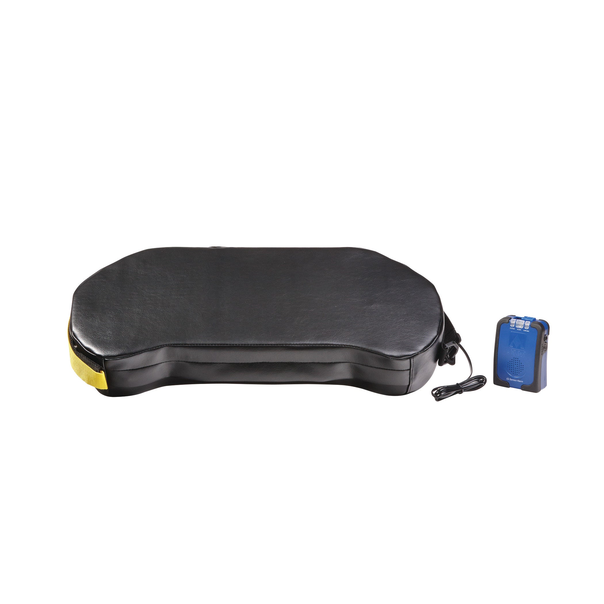 AliMed BreakAway Lap Cushion with IQ Sensor Alarm is a black cushion with a connected blue sensor alarm device.