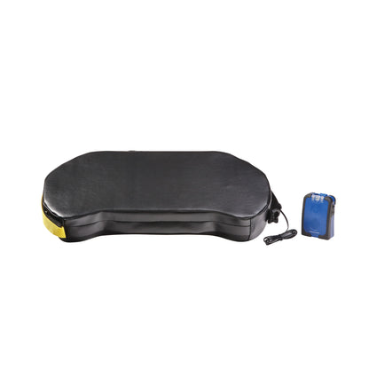 AliMed BreakAway Lap Cushion with IQ Sensor Alarm is a black cushion with a connected blue sensor alarm device.