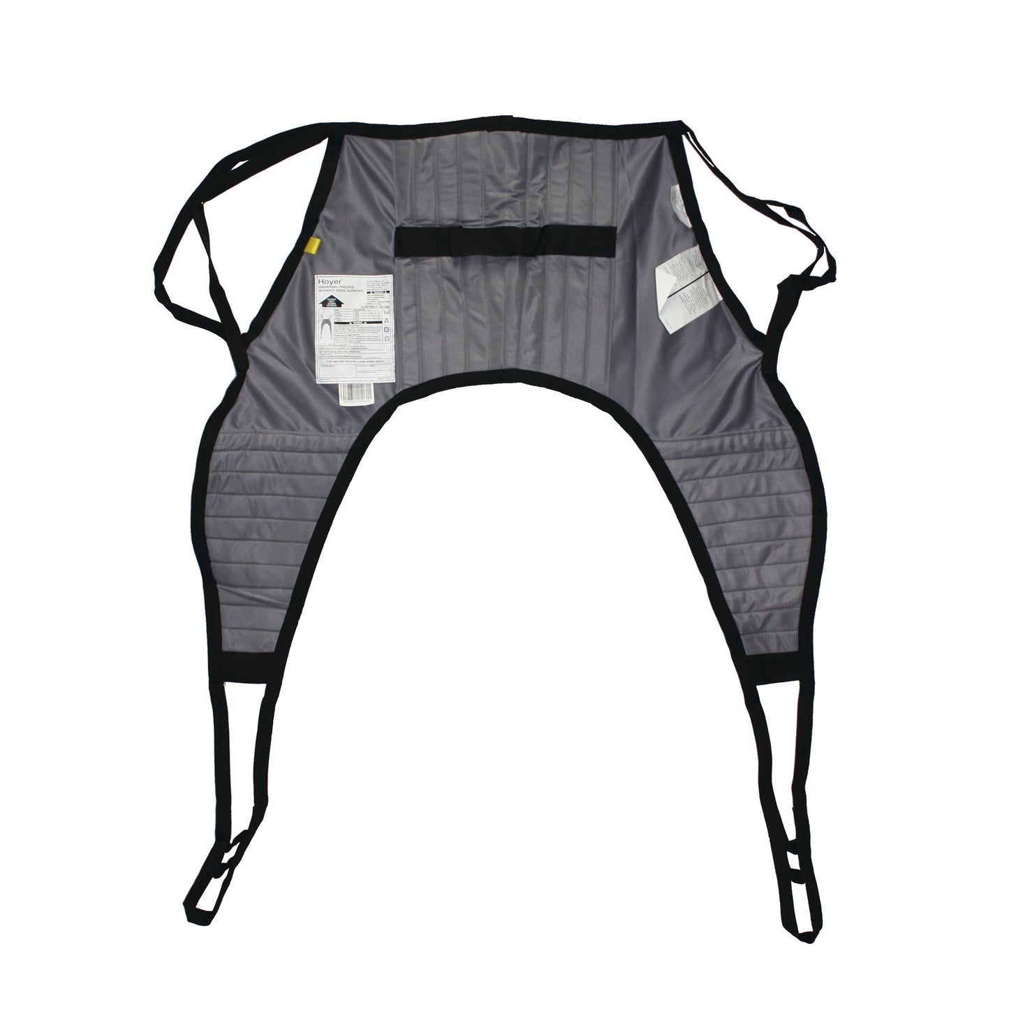 A Hoyer Classic Padded U-Sling, gray with black edges, featuring labels and multiple straps for patient lifting and support.