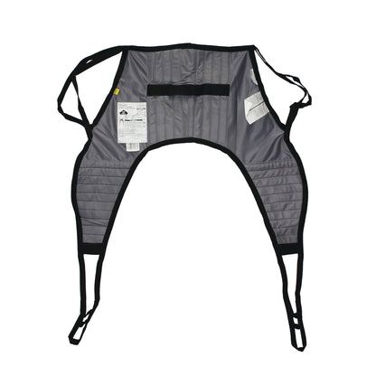 A Hoyer Classic Padded U-Sling, gray with black edges, featuring labels and multiple straps for patient lifting and support.