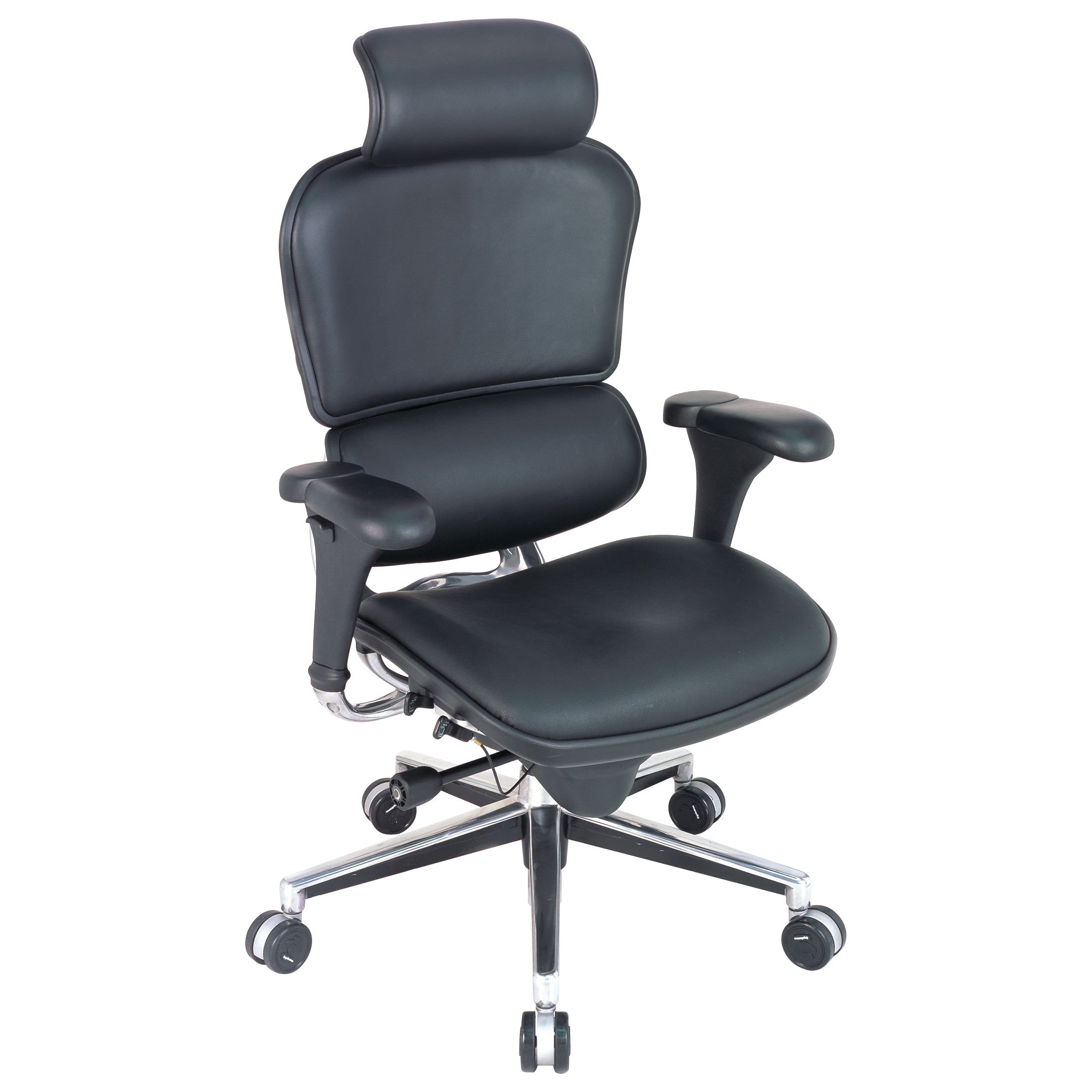 Ergohuman Chair with black cushioned seat, adjustable armrests, high backrest with headrest, and silver base with casters.