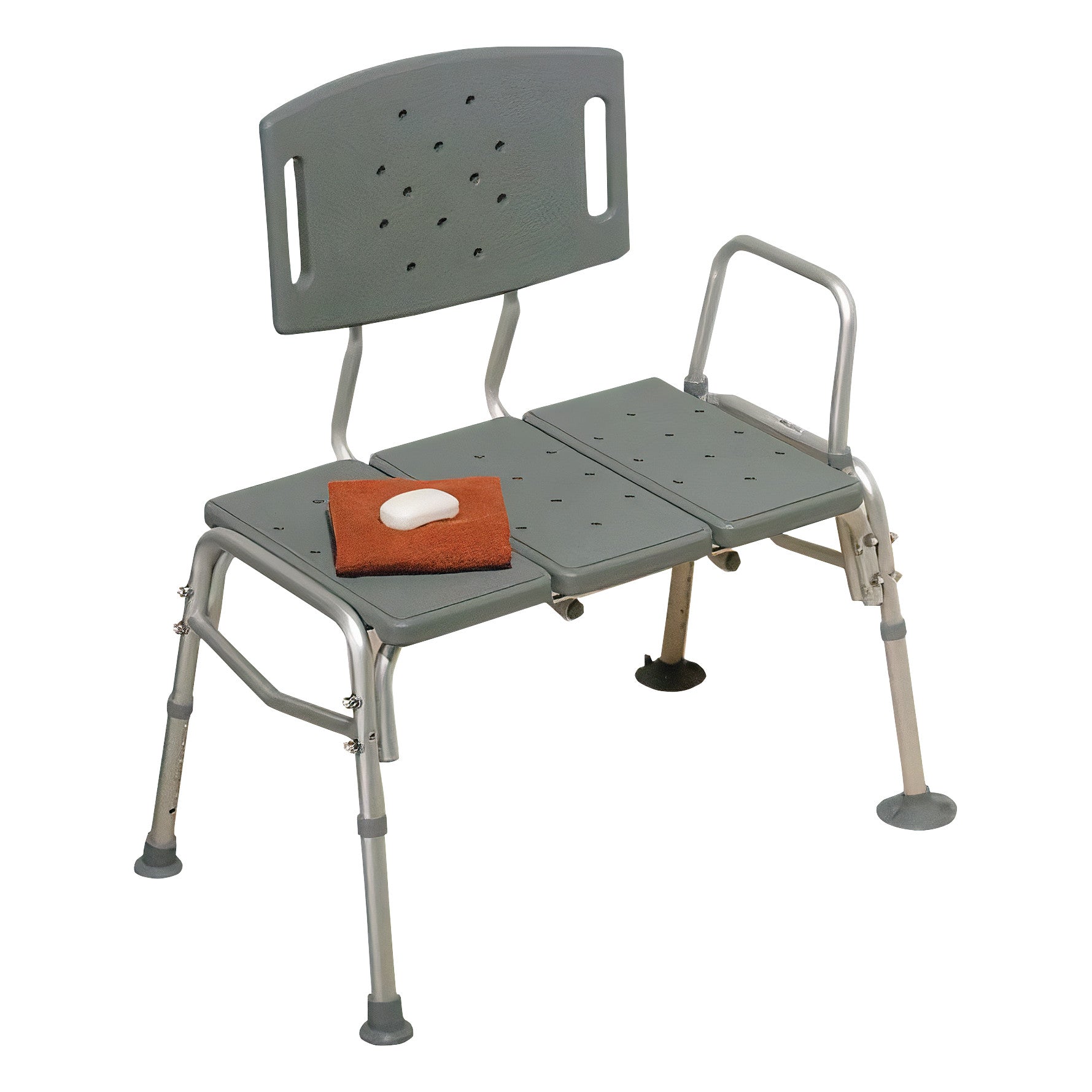 Drive Medical Bariatric Transfer Bench with gray seat and backrest, featuring a folded towel and soap bar on the seat.