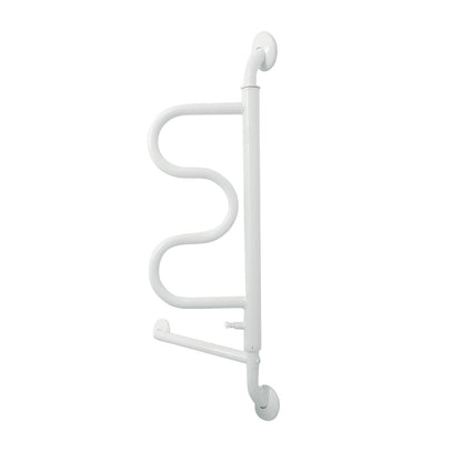 Stander Curve Grab Bar, a white wall-mounted safety rail with a curved design, is shown in a vertical position.