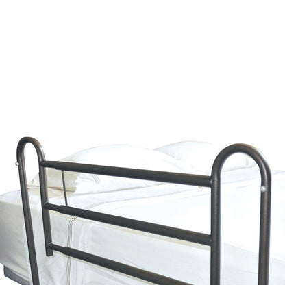 Drive Medical Homestyle Aluminum Bed Rail attached to a bed, providing support and safety for users.