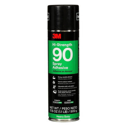 A can of 3M 90 Spray Adhesive, labeled as heavy duty, with features like adjustable spray, strong bonds, and moisture resistance.