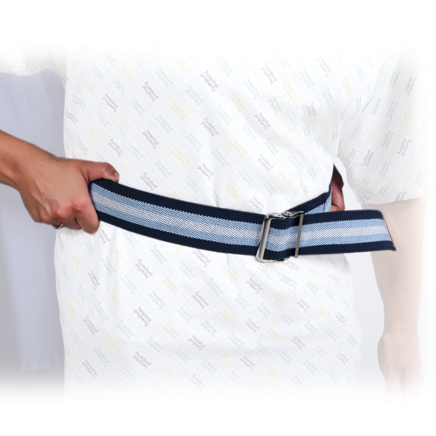 A person in a hospital gown holds the AliMed Antimicrobial-Treated Gait Belt, which is blue with a metal buckle.