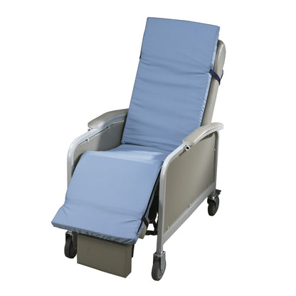 SkiL-Care Geri-Chair Gel Overlay on a reclining chair with wheels, featuring light blue padding and adjustable back and footrest.