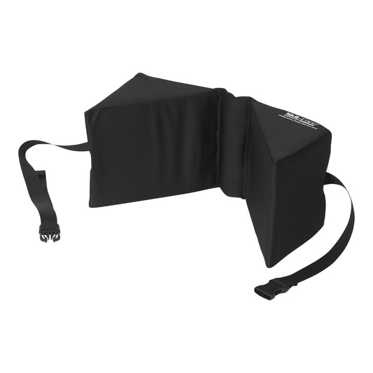 SkiL-Care Triangular Head Positioner in black, featuring two connected wedge cushions with adjustable straps and buckle.