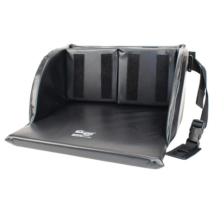 SkiL-Care Foot Cradle in black leather-like material, with padded sides and adjustable straps for securing around feet.