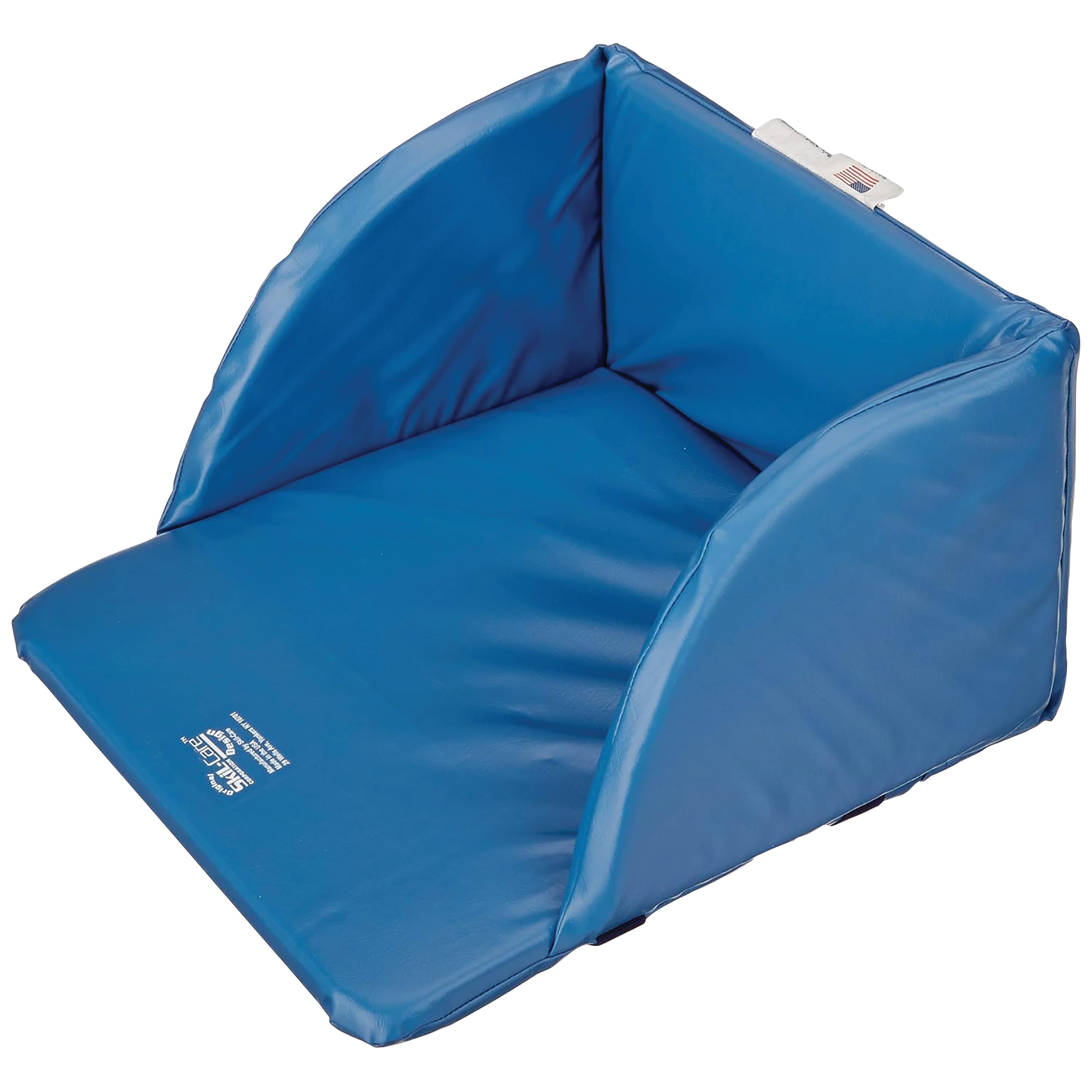 A blue SkiL-Care Geri-Chair Foot Cradle with side supports designed for comfort and stability, featuring a non-slip bottom.