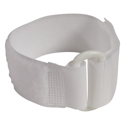 A white AliMed D-Ring Strap with a hook and loop closure and a plastic D-ring for securing or fastening items.