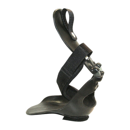 The Step-Smart Brace is a black foot and ankle support device with adjustable straps for stability and mobility assistance.